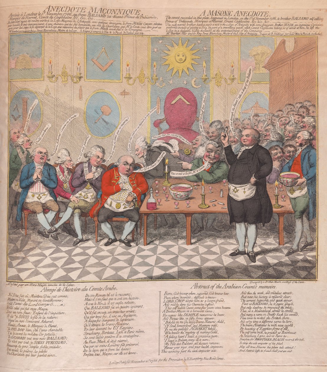 En frimureranekdote, pub. 1786 (håndfarget gravering) av James Gillray