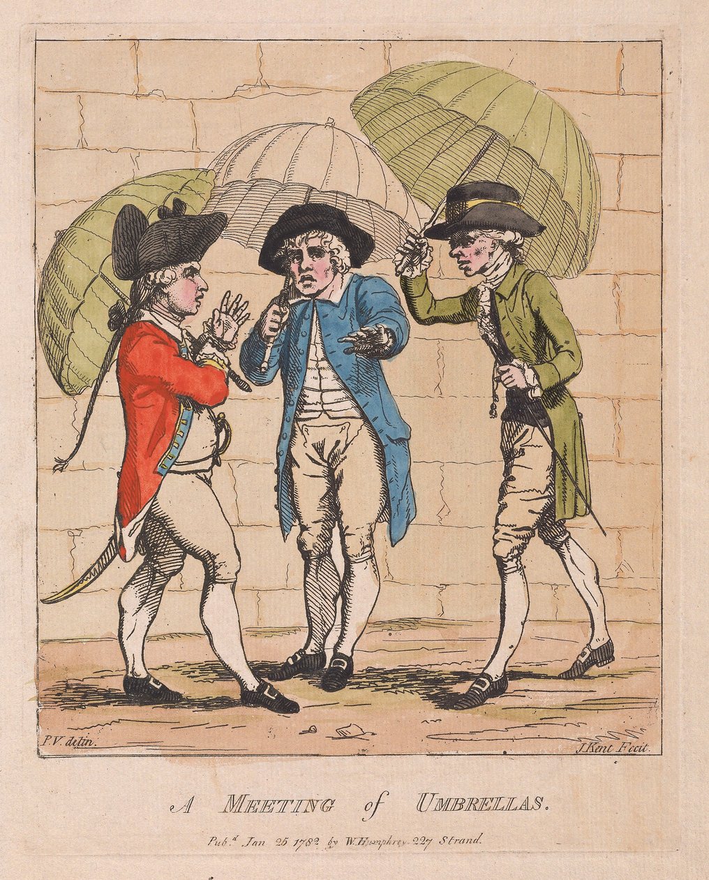 Et møte med paraplyer, pub. 1782 (håndfarget gravering) av James Gillray
