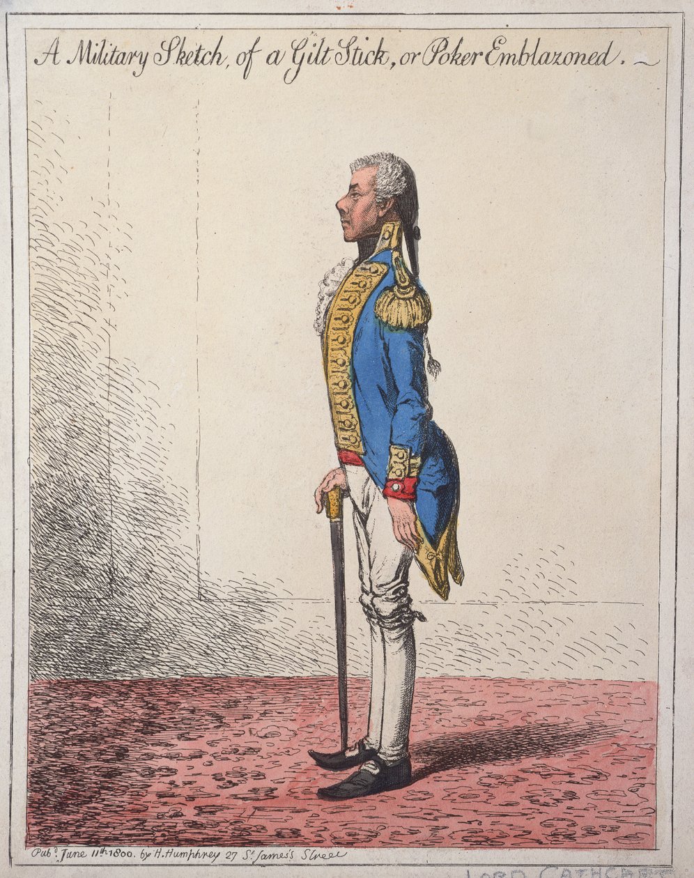 A Military Sketch of a Gilt Stick, or a Poker Emblazoned, utgitt av Hannah Humphrey i 1800 (håndfarget etsning) av James Gillray