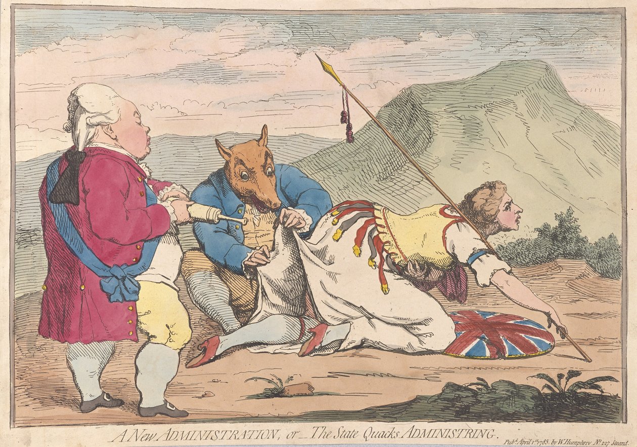 A New Administration eller The State Quacks Administring, pub. 1783 (håndfarget gravering) av James Gillray