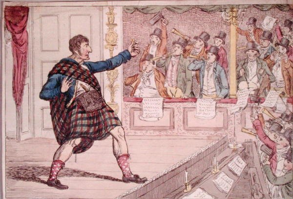 En parodi på Macbeths Soliloquy ved Covent Garden Theatre, utgitt av Walker i 1809 (håndfarget etsning) av James Gillray