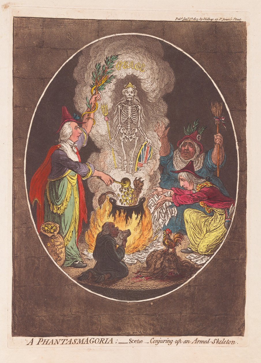 A Phantasmagoria: Scene - Conjuring up an Armed Skeleton, pub. 1803 (håndfarget gravering) av James Gillray