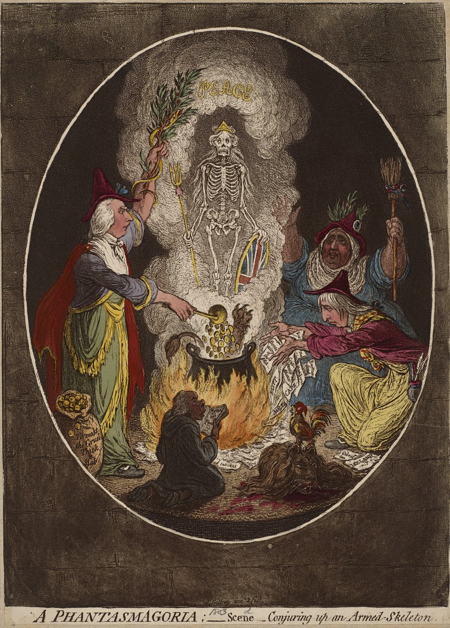 En Phantasmagoria; - Scene - Trylle frem et væpnet skjelett., 5. januar 1803 (håndfarget etsning og akvatint på vevd papir) av James Gillray