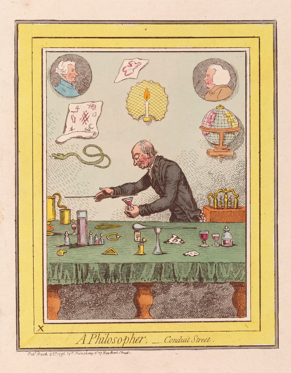 A Philosopher: Conduit Street, pub. 1796 (håndfarget gravering) av James Gillray