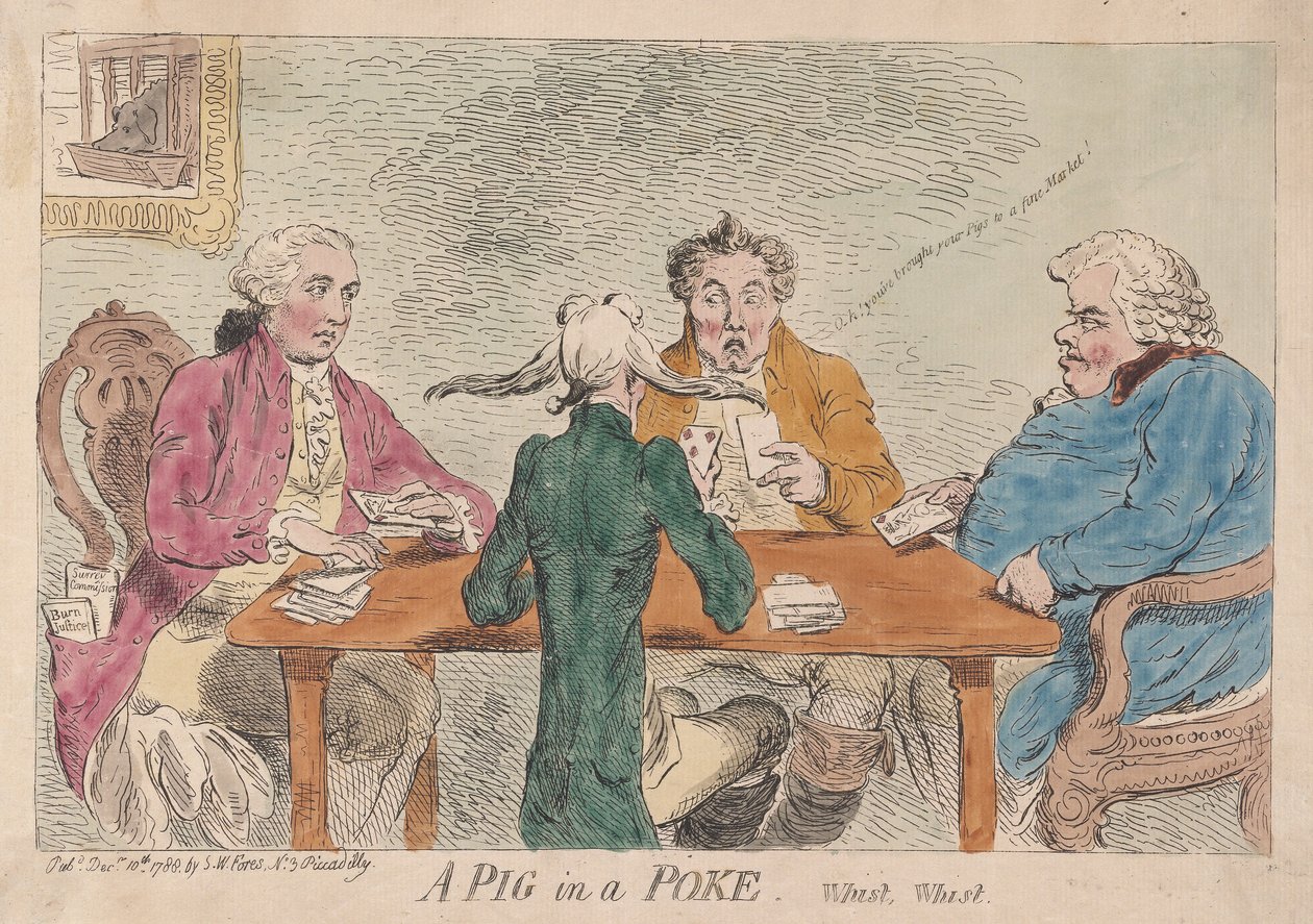 A Pig in a Poke, Whist, Whist, pub. 1788 (håndfarget gravering) av James Gillray
