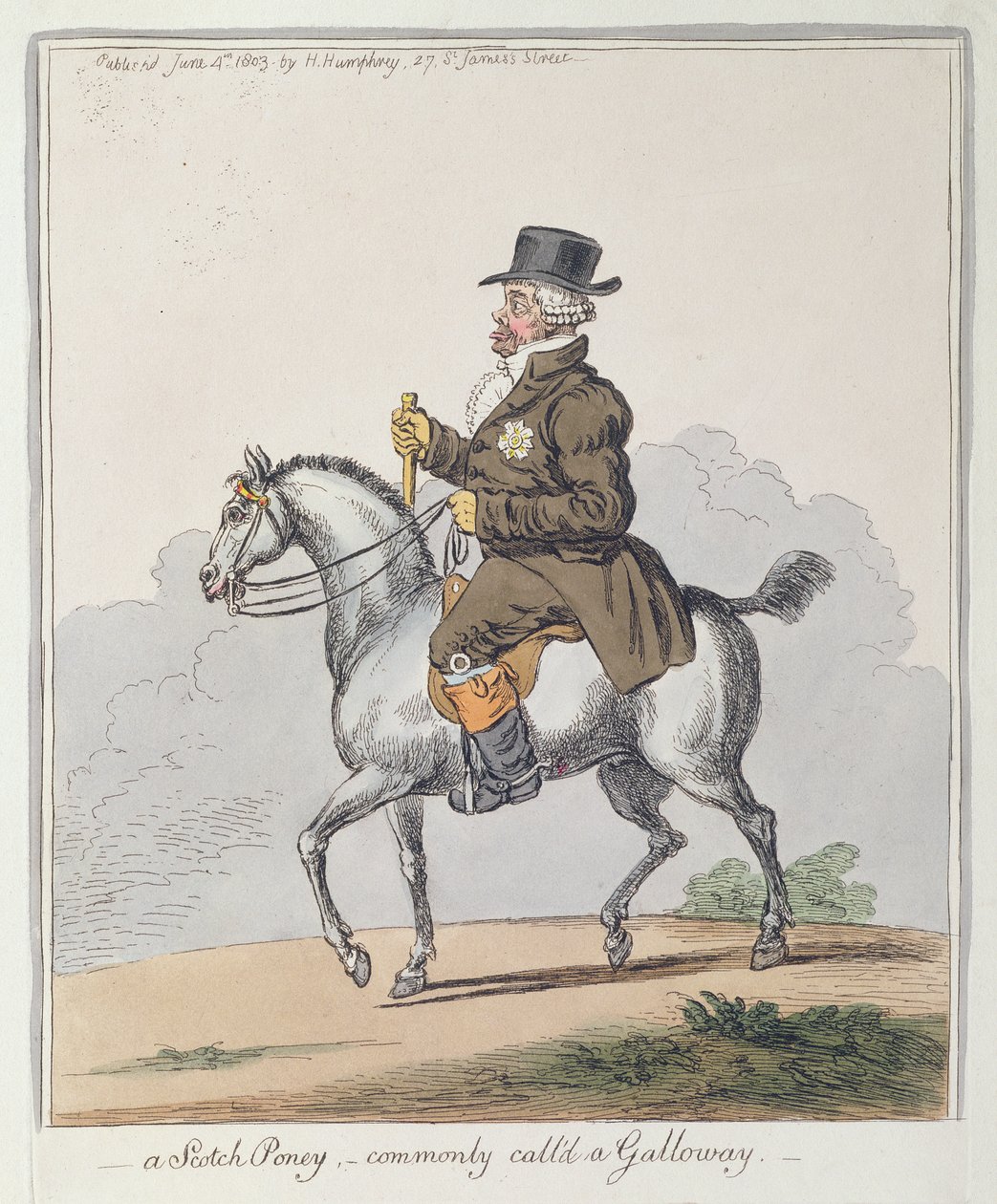 A Scotch Poney, ofte kalt en Galloway, utgitt av Hannah Humphrey i 1803 (håndfarget etsning) av James Gillray