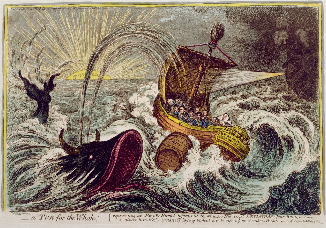 Et badekar for hvalen! utgitt av Hannah Humphrey i 1806 (håndfarget etsning) av James Gillray