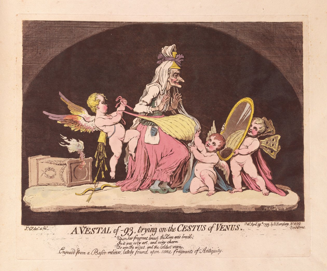 En Vestal på -93, prøver på Cestus of Venus, pub. 1793 (håndfarget gravering) av James Gillray