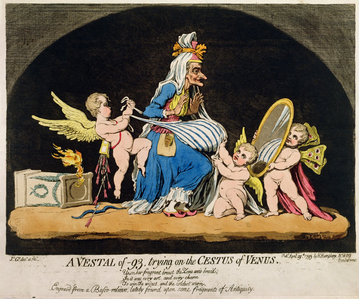 En Vestal av -93 prøver på Cestus of Venus, utgitt av Hannah Humphrey i 1793 (håndfarget etsning og gravering med akvatint) av James Gillray