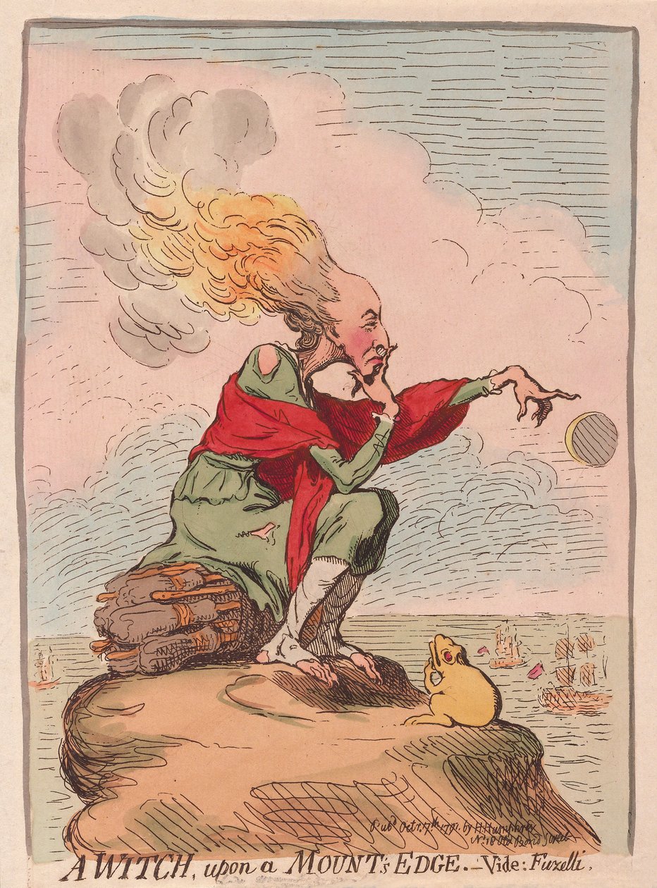 En heks på en fjellkant; vide; Fuzelli, pub. 1791 (håndfarget gravering) av James Gillray