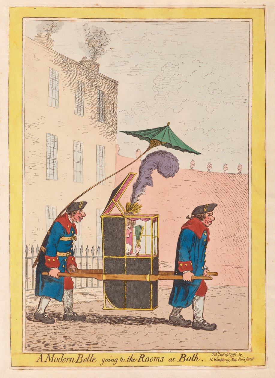 En moderne Belle går til rommene på Bath, pub. 1796 (håndfarget gravering) av James Gillray