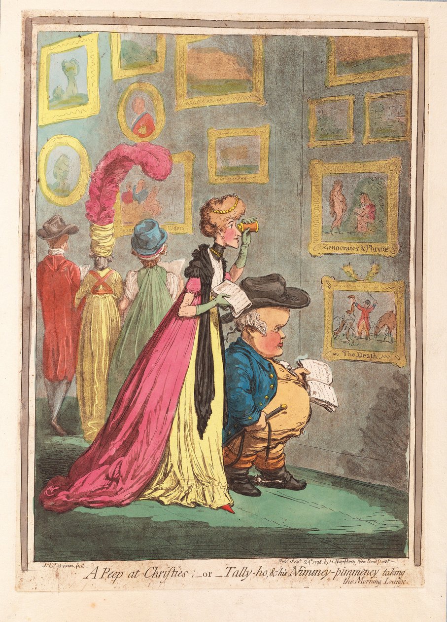 Et pip på Christies; - eller - tally-ho, og hans Nimeny-pimmeney tar morgensalongen, pub. 1796 (håndfarget gravering) av James Gillray