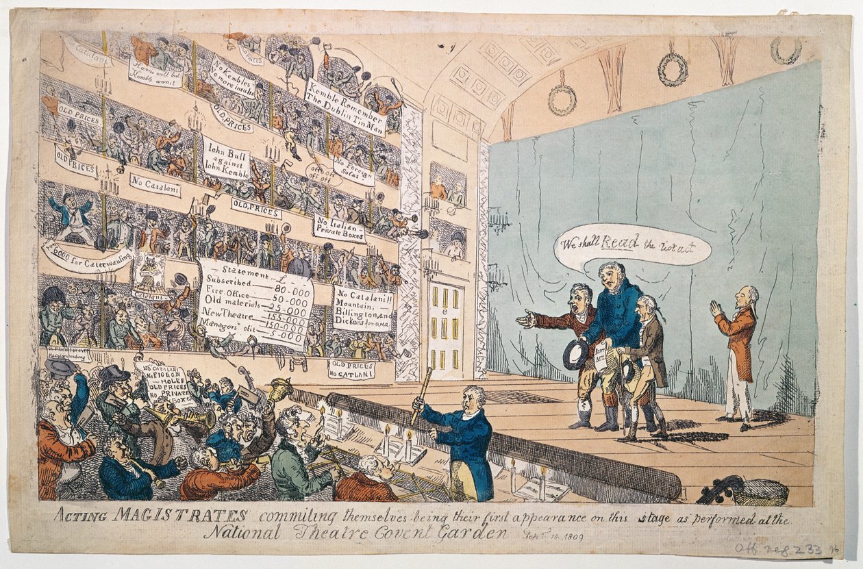 Fungerende sorenskrivere forplikter seg, og er deres første opptreden som fremført på National Theatre Covent Garden, utgitt i 1809 (håndfarget etsning) av James Gillray