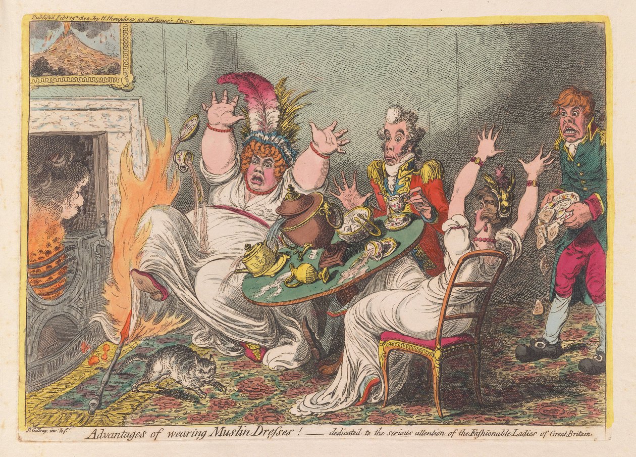 Fordeler med å bruke muslinkjoler!, pub. 1802 (håndfarget gravering) av James Gillray