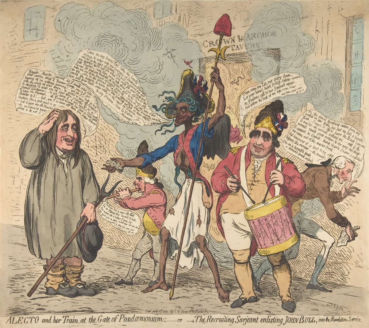 Alecto and Her Train, at the Gate of Pandaemonium:-eller-The Recruiting Sarjeant Enli..., 4. juli 1791. av James Gillray
