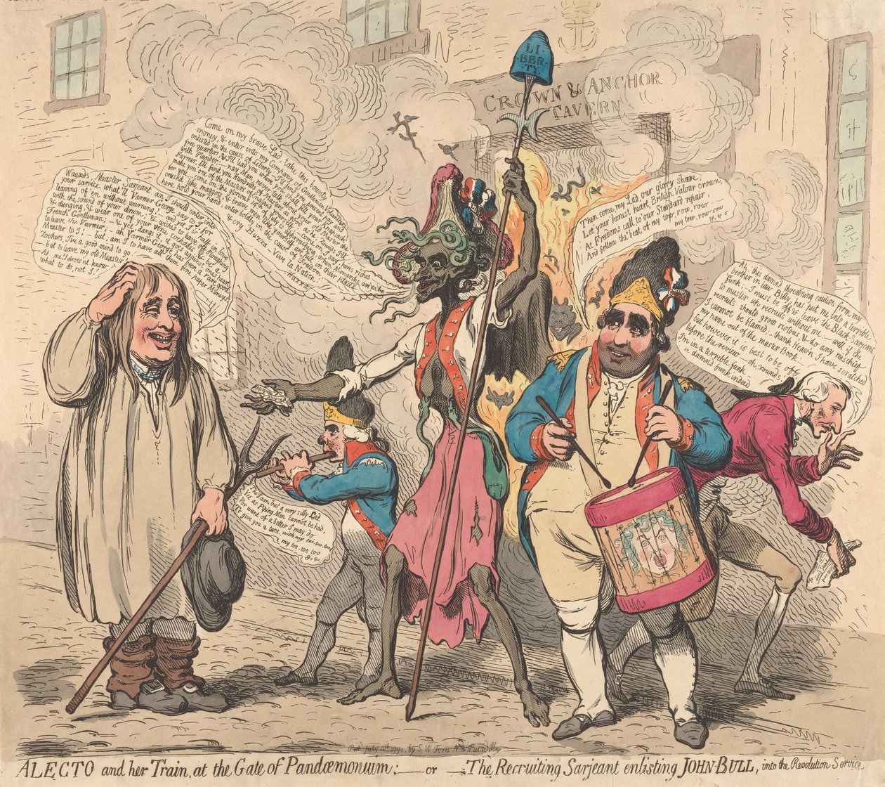 Alekto og hennes følge ved Pandemoniums port - eller - Den rekrutterende sersjanten som verver John Bull til revolusjonstjenesten av James Gillray