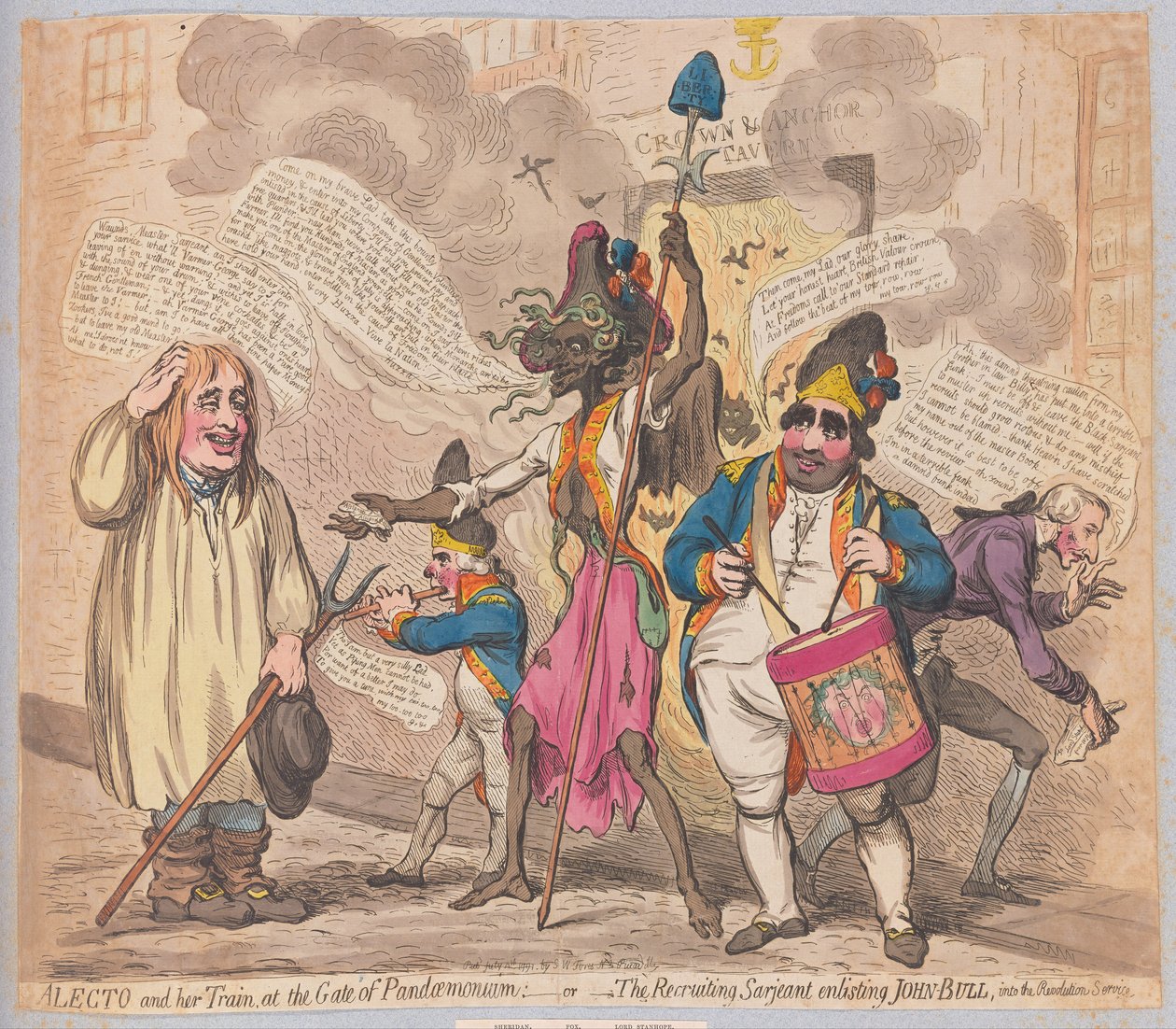Alecto og hennes Train at the Gate of Pandemonium eller The Recruiting Sergeant som verver John Bull til Revolution Service, pub. (håndfarget gravering) av James Gillray
