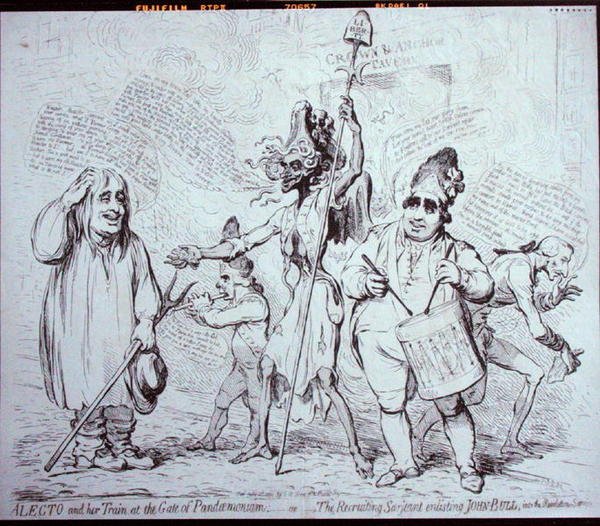 Alecto and her Train at the Gate of Pandemonium, eller The Recruiting Serjeant som verver John Bull til Revolution Service, utgitt av S.W. Fores i 1791 (radering) av James Gillray