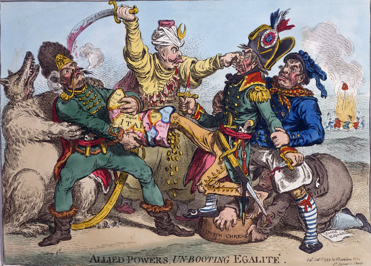 Allied Powers Un-Booting Egalite, utgitt av Hannah Humphrey i 1799 (håndfarget etsning) av James Gillray