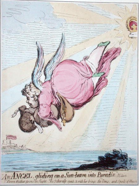 En engel som glir på en solstråle inn i paradis (håndfarget etsning) av James Gillray