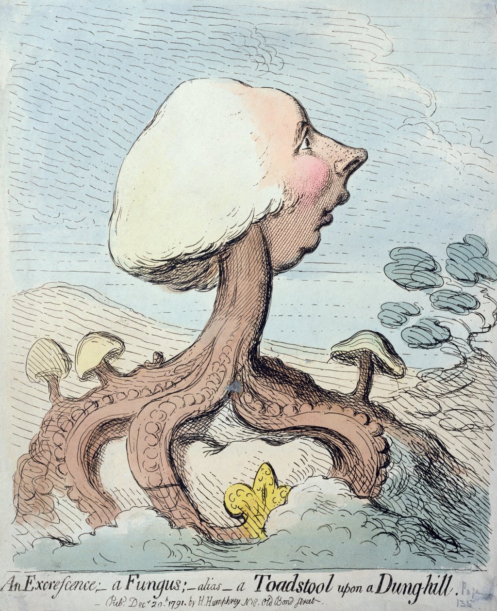 En utvekst; En sopp; Alias - A Toadstool upon a Dung-hill, utgitt av Hannah Humphrey i 1791 (etsing med wc) av James Gillray