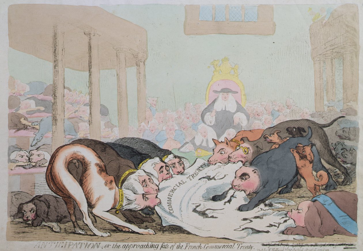 Anticipation, eller The Approaching Fate of the French Commercial Treaty, utgitt av W. Holland i 1786 (håndfarget etsning) av James Gillray