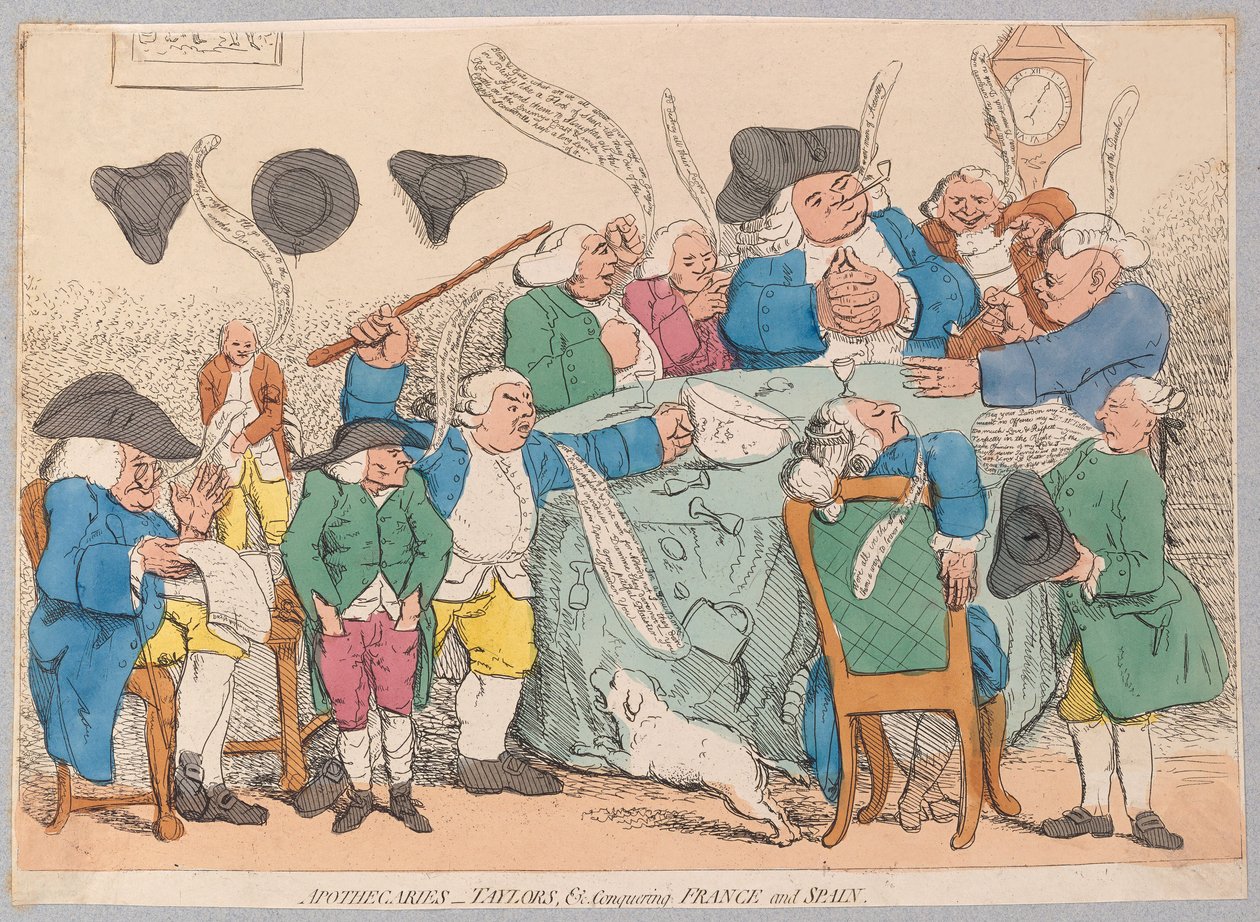 Apoteker, Taylors, etc. erobrer Frankrike og Spania, pub. 1779 (håndfarget gravering) av James Gillray