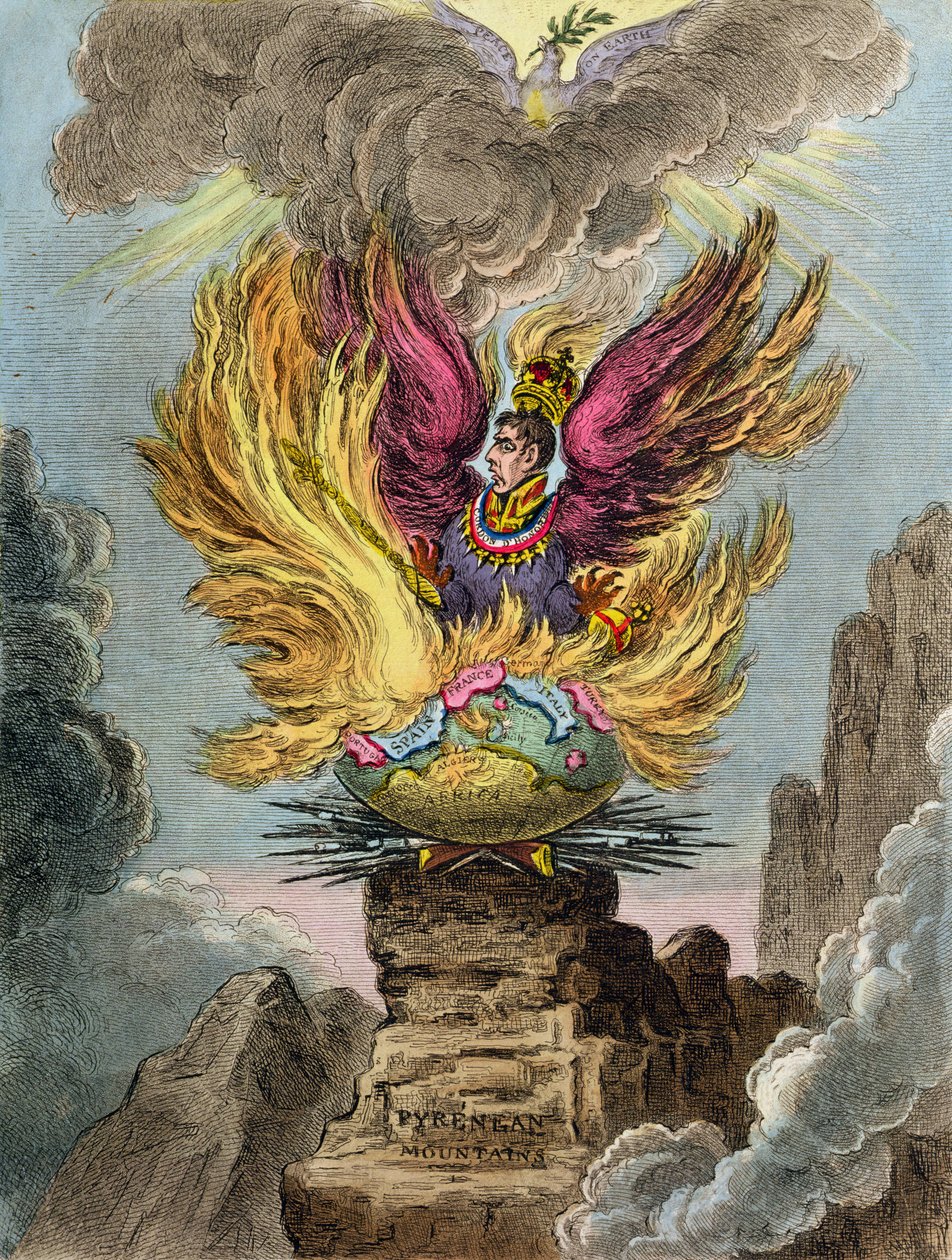 Apotheosis of the Corsican Phoenix, utgitt av Hannah Humphrey i 1808 (håndfarget etsning) av James Gillray