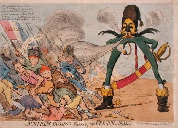 Østerrikske Bugaboo Funking the French Army, utgitt av Hannah Humphrey i 1795 (håndfarget etsning) av James Gillray