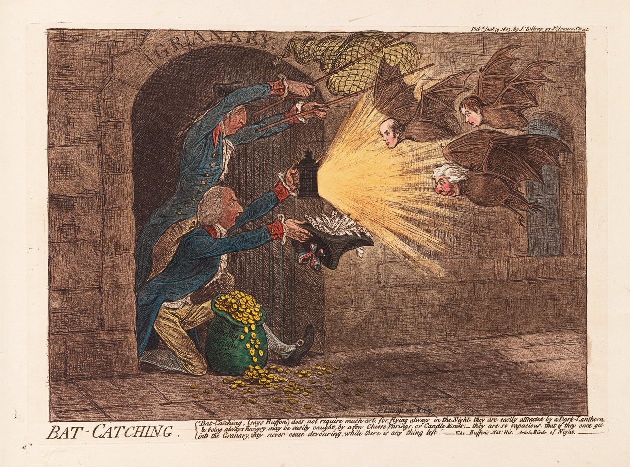Flaggermusfangst, pub. 1803 (håndfarget gravering) av James Gillray