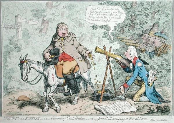 Begging no Robbery: dvs. frivillig bidrag, eller John Bull som slipper unna et tvungen lån, utgitt av Hannah Humphrey i 1796 (håndfarget etsning) av James Gillray