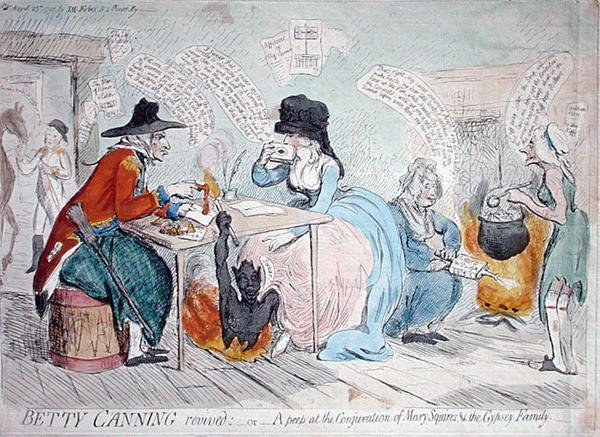 Betty Canning gjenopplivet, eller et kikk på tryllekunsten til Mary Squires & the Gypsy Family, utgitt av J.M. Forbes i 1791 (håndfarget etsning) av James Gillray