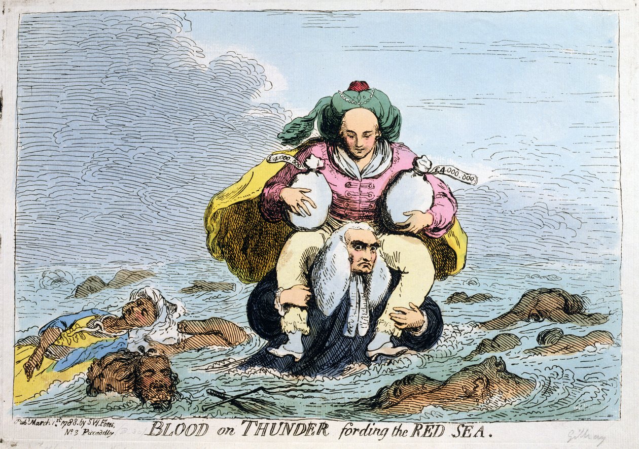Blod på torden som krysser Rødehavet, utgitt av SW Fores i 1788 (håndkolorert etsning) av James Gillray