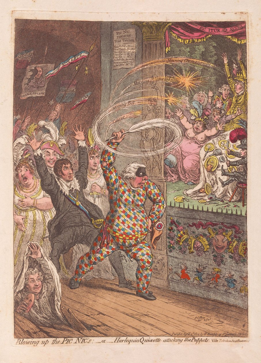 Å sprenge Pic Nics eller Harlequin Quixotte som angriper Puppets, pub. 1804 (håndfarget gravering) av James Gillray