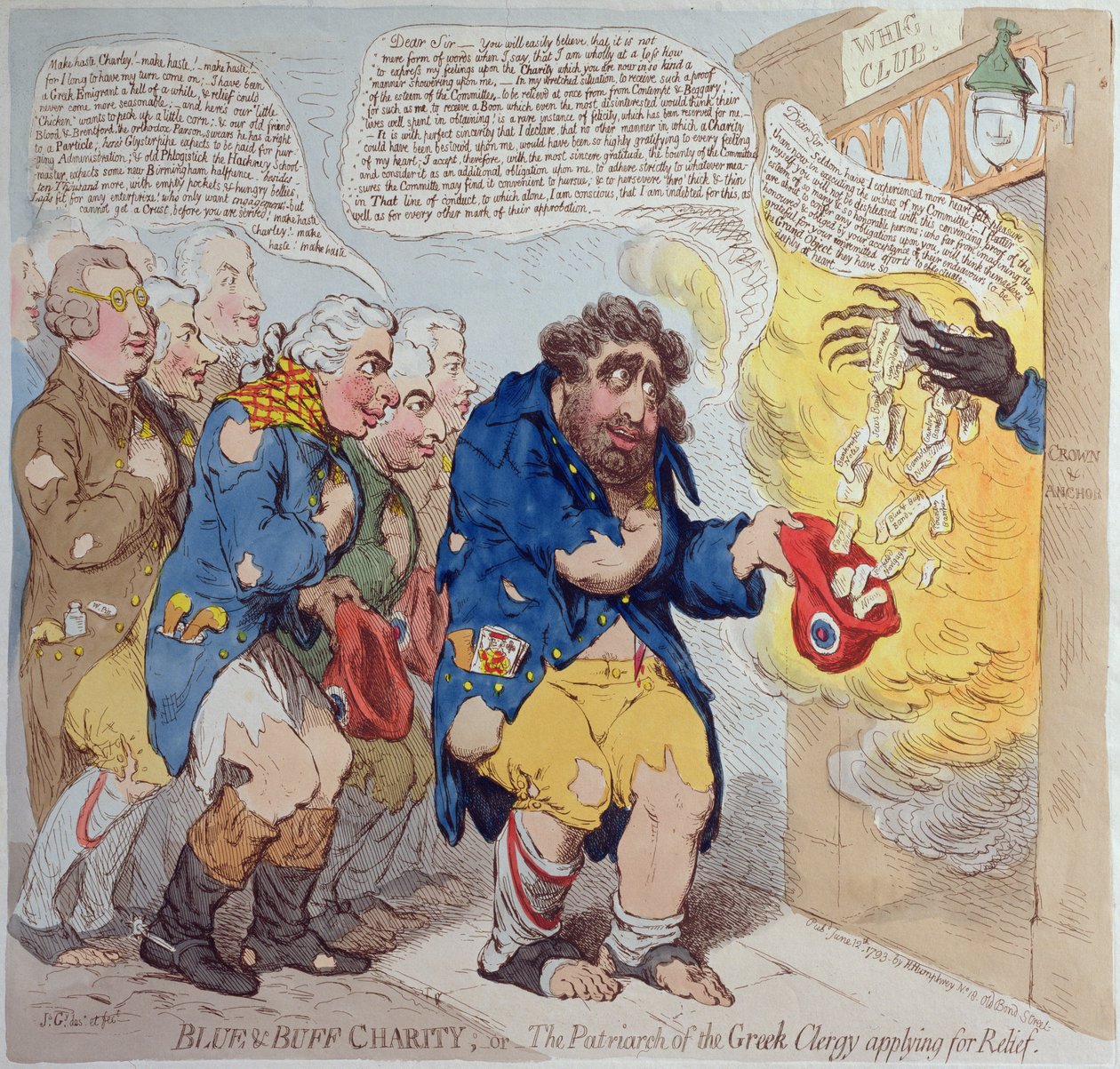 Blue und Buff Charity, eller The Patriarch of the Greek Clergy søker om hjelp, utgitt av Hannah Humphrey i 1793 (håndfarget etsning) av James Gillray