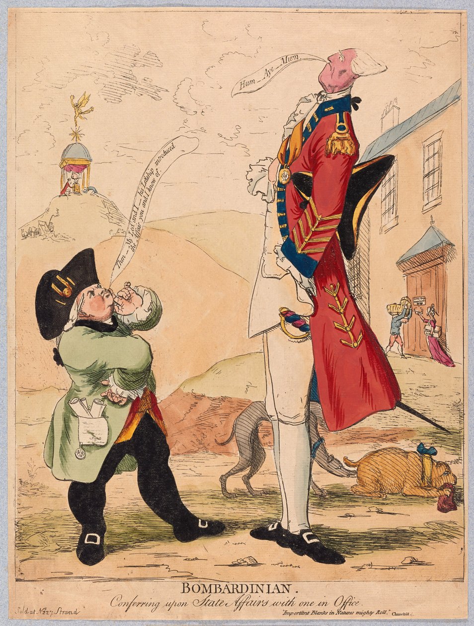 Bombardinian, konfererer om statssaker med en i Office, pub. 1779 (håndfarget gravering) av James Gillray