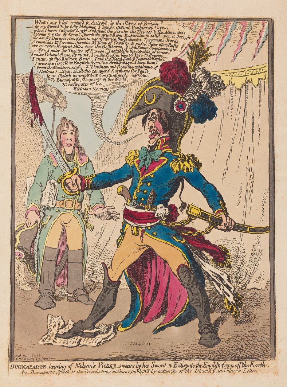 Bonaparte hører om Nelsons Victory sverger ved sitt sverd for å utrydde engelskmennene fra jorden, pub. 1798 (håndfarget gravering) av James Gillray