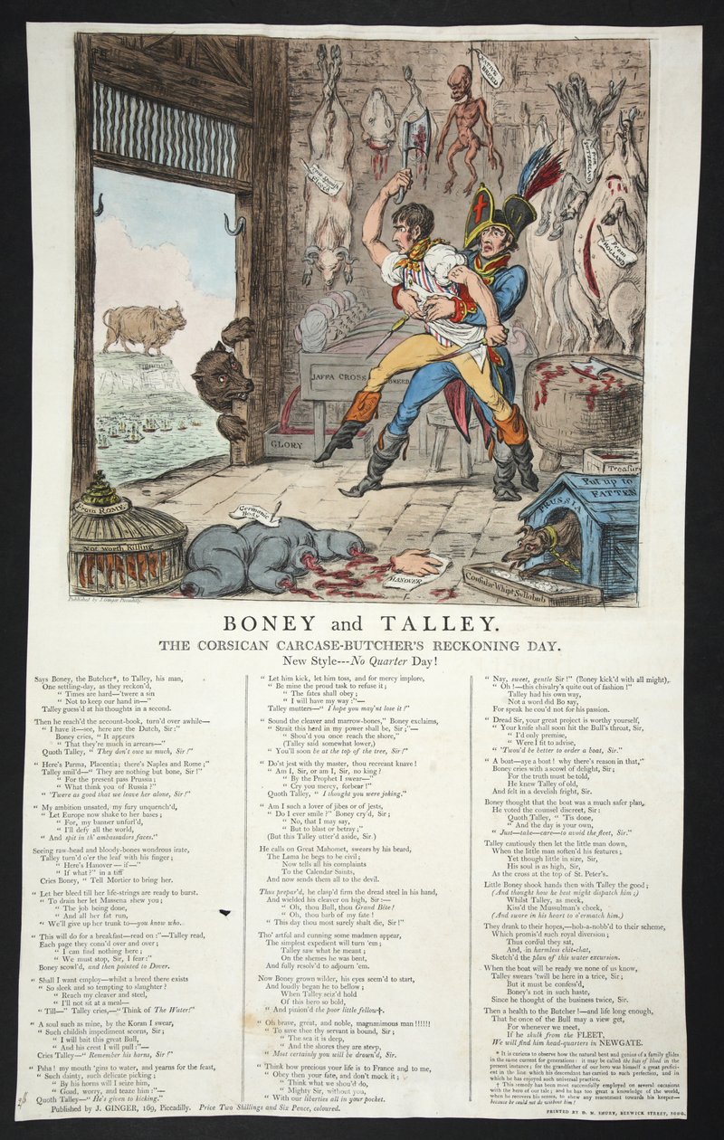 Boney og Talley, The Corsican Carcase-Butchers Reckoning Day - No Quarter Day!, pb. 1803 (håndfarget gravering) av James Gillray