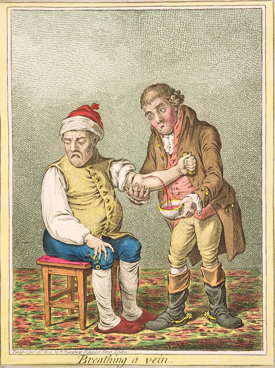 Breathing a Vein, utgitt av Hannah Humphrey, 1804 av James Gillray