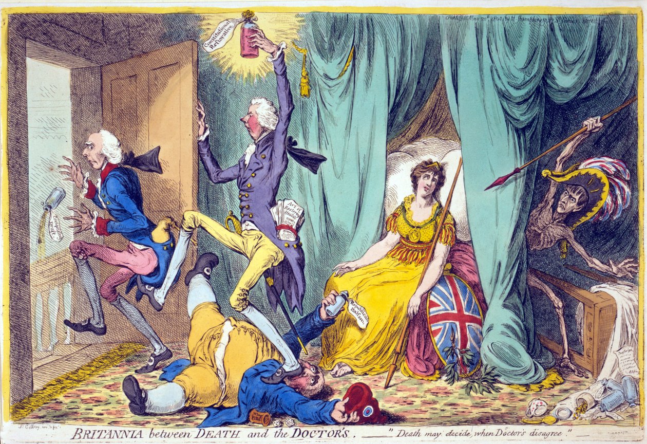 Britannia between death and the Doctors, pub. Hannah Humphrey, 20. mai 1804 (håndfarget gravering) av James Gillray