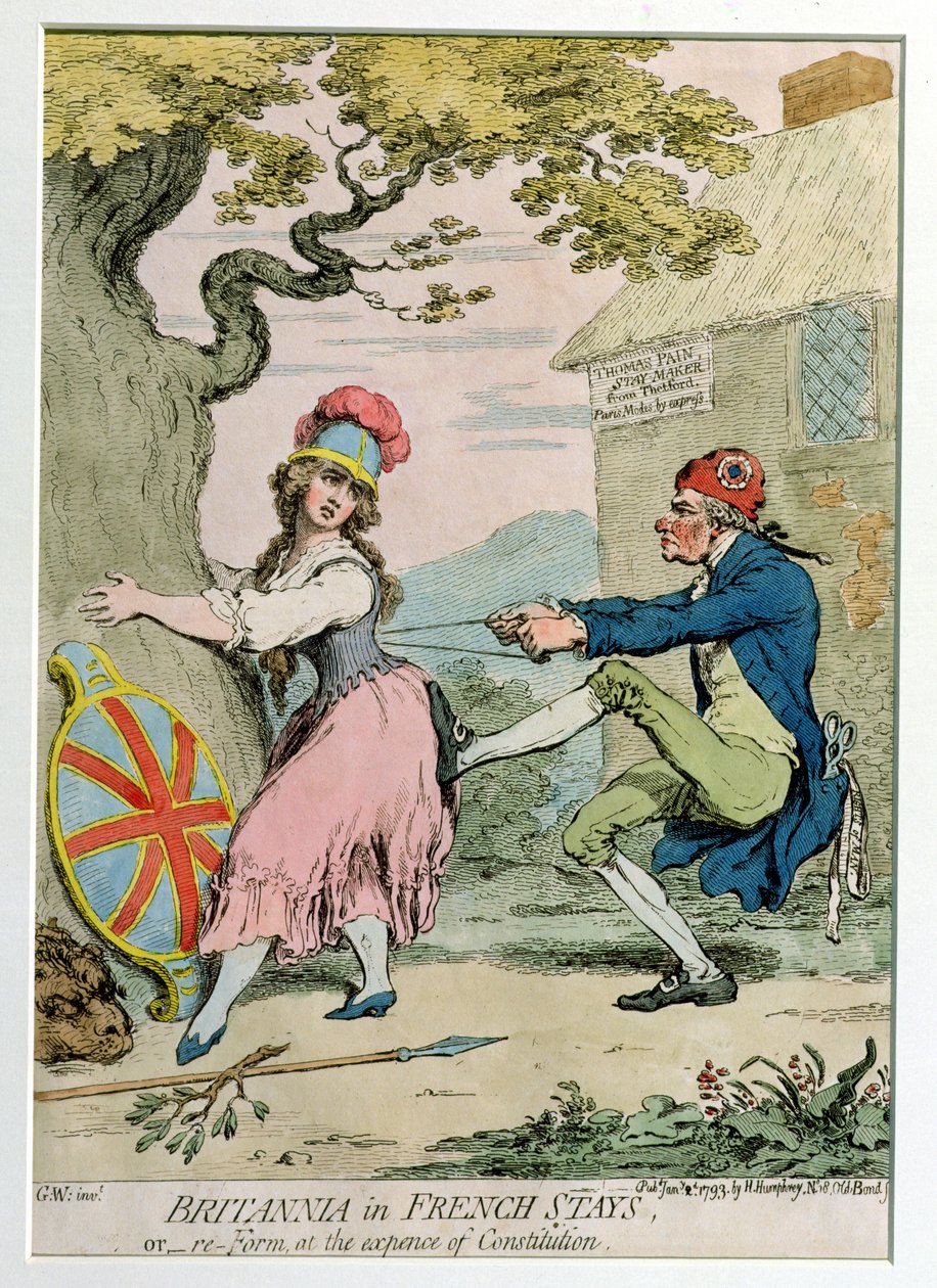 Britannia in French Stays, or Re-Form at the Expense of Constitution, utgitt av Hannah Humphrey i 1793 (håndfarget etsning) av James Gillray