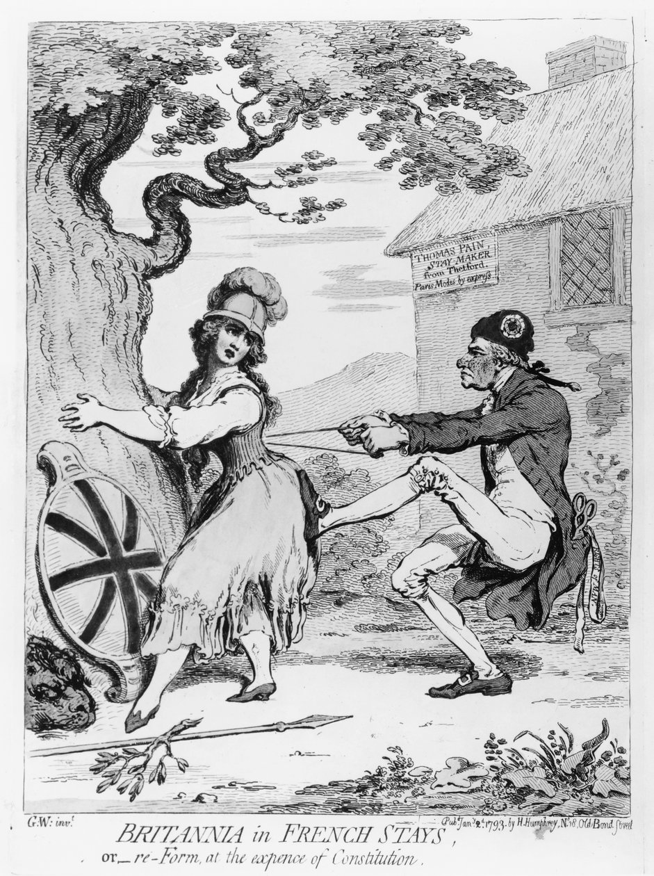 Britannia in French Stays, or Re-Form at the Expense of Constitution, utgitt av Hannah Humphrey i 1793 (radering) av James Gillray