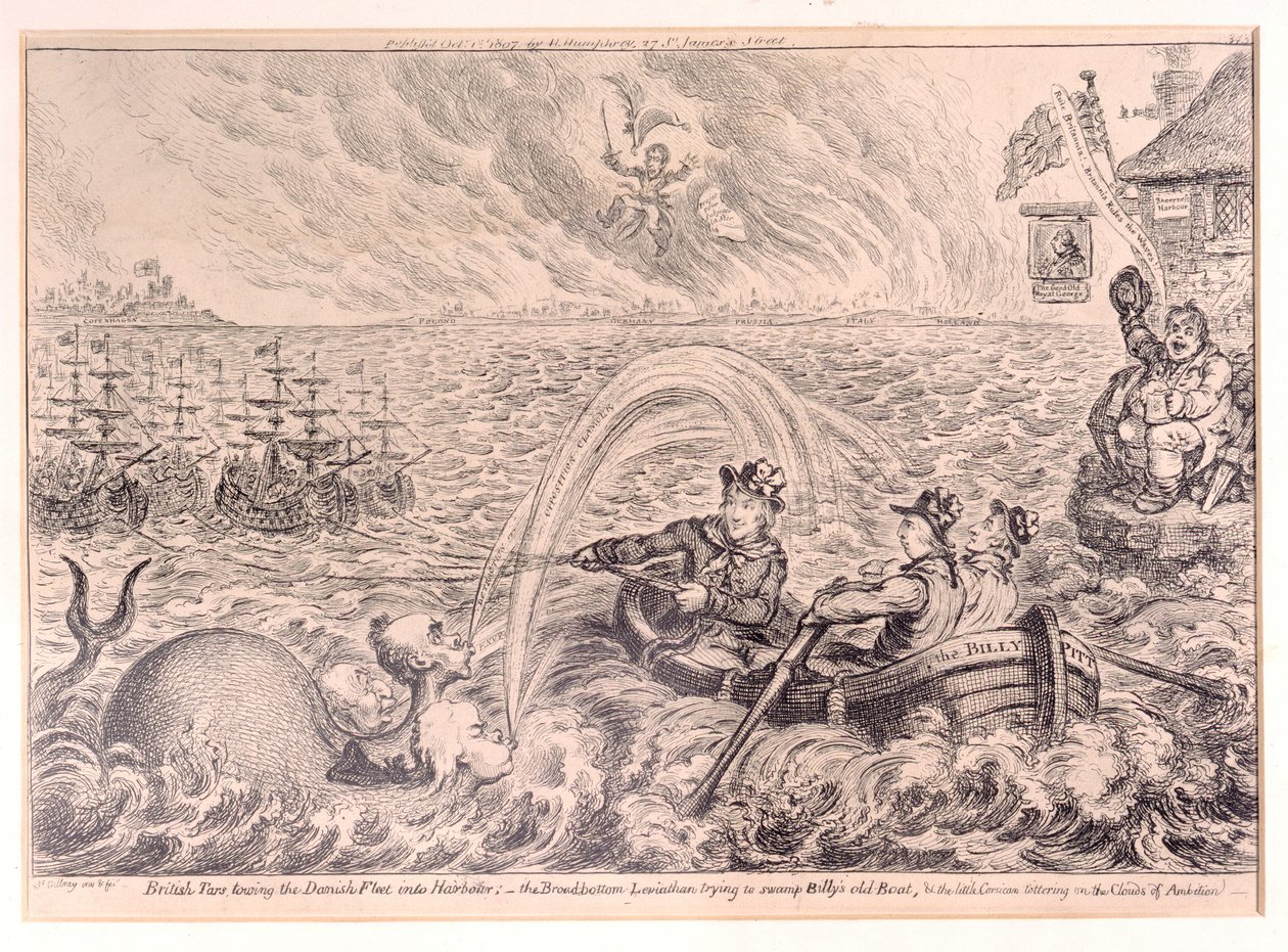 Britiske tjærer som sleper den danske flåten inn i havnen, 1807 av James Gillray