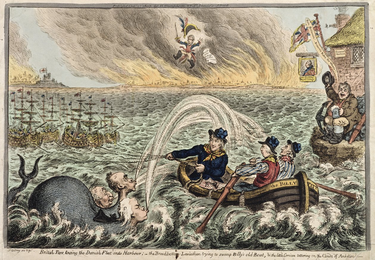 Britiske tjærer som sleper den danske flåten inn i havnen, eller The Broadbottom Leviathan som prøver å oversvømme Billys gamle båt, og den lille korsikaneren som vakler på ambisjonsskyene, 1807 (håndfarget etsning av James Gillray