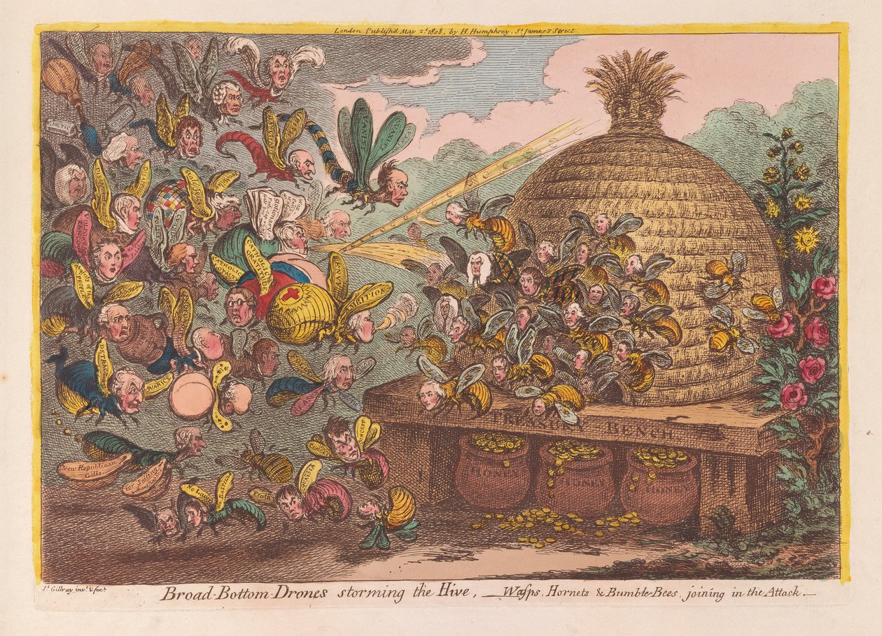 Droner med bred bunn som stormer bikuben: Veps, hornets og humler blir med i angrepet, pub. 1808 (håndfarget gravering) av James Gillray