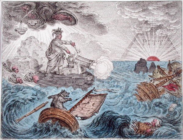 Bruin in his Boat, or The Manager in Distress, utgitt av Hannah Humphrey i 1806 (håndfarget etsning) av James Gillray