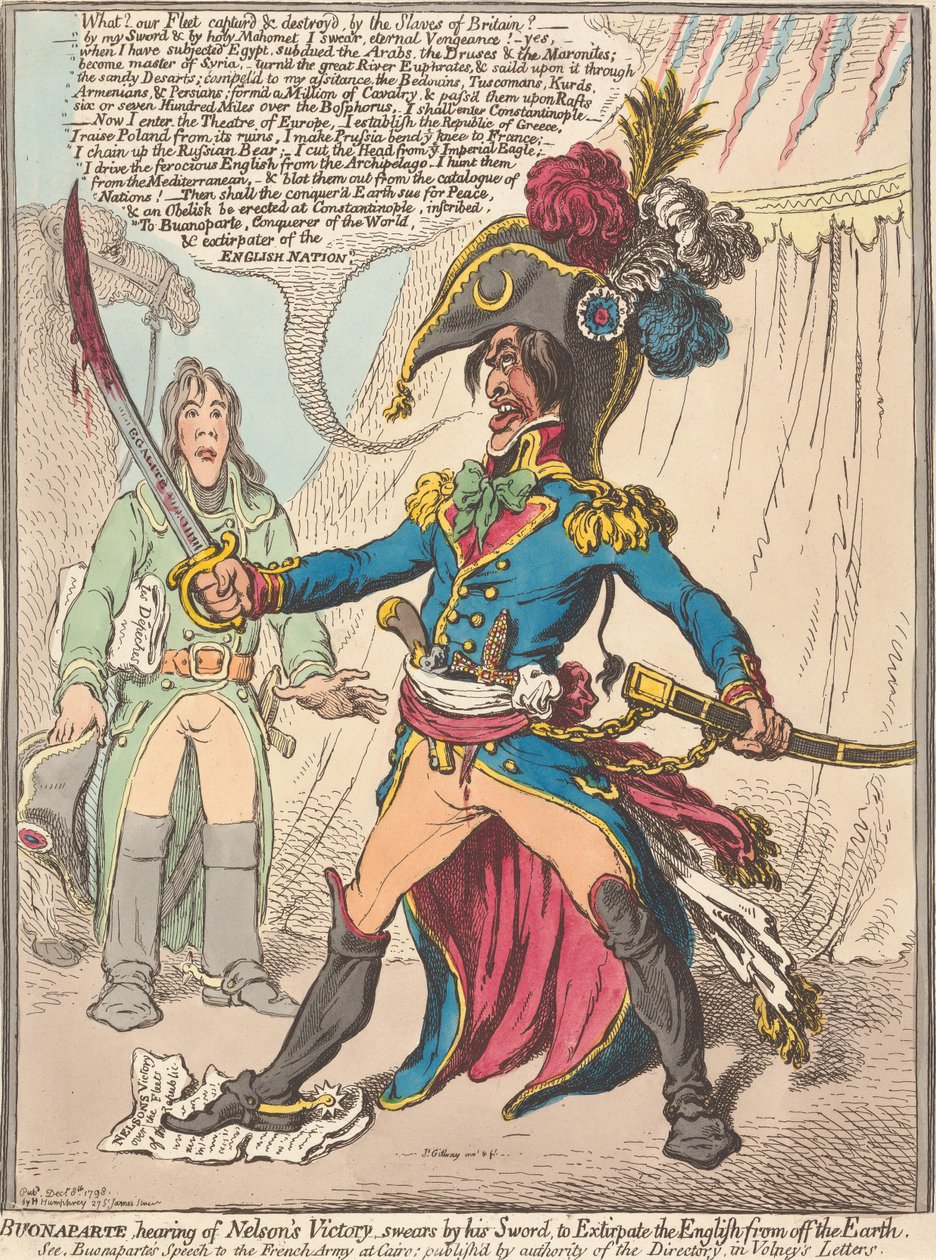Buonaparte, som hører om Nelsons seier, sverger ved sitt sverd å utrydde engelskmennene fra jordens overflate (fra: Karikatur, bd. 1) av James Gillray