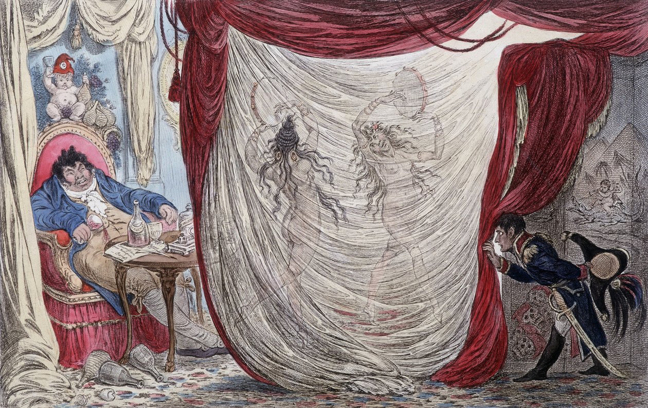 Tegneserie om Napoleon, Paul Barras, Josephine og Mademoiselle de Fontenay, kalt ausii Teresa (Theresa eller Terezia) Cabarrus, kalt Madame Tallien (Talien) eller disse damene danser nakne for Barras, under det skjulte øyet til Napoleon [Josephine vesen, k av James Gillray