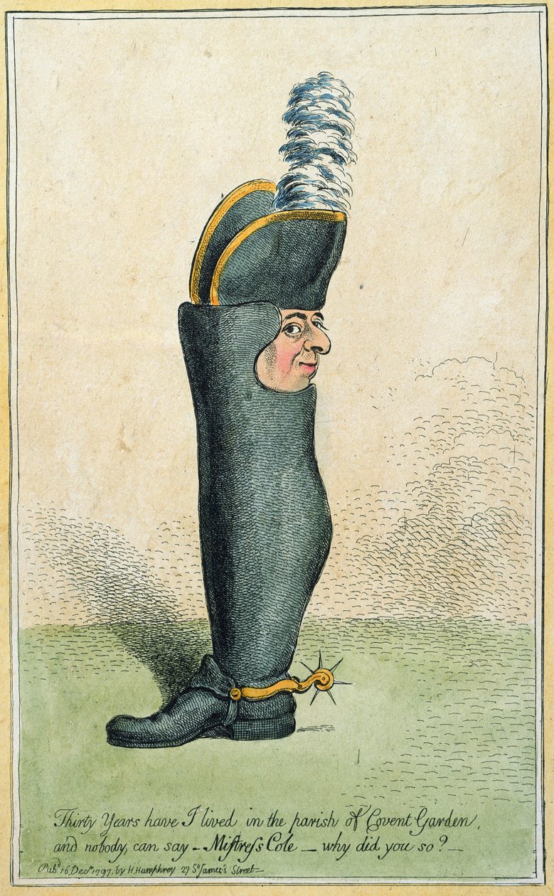 Tegneserie som viser oberst Justly Watson med kroppen til en støvel, utgitt av Hannah Humphrey i 1797 (håndfarget etsning) av James Gillray