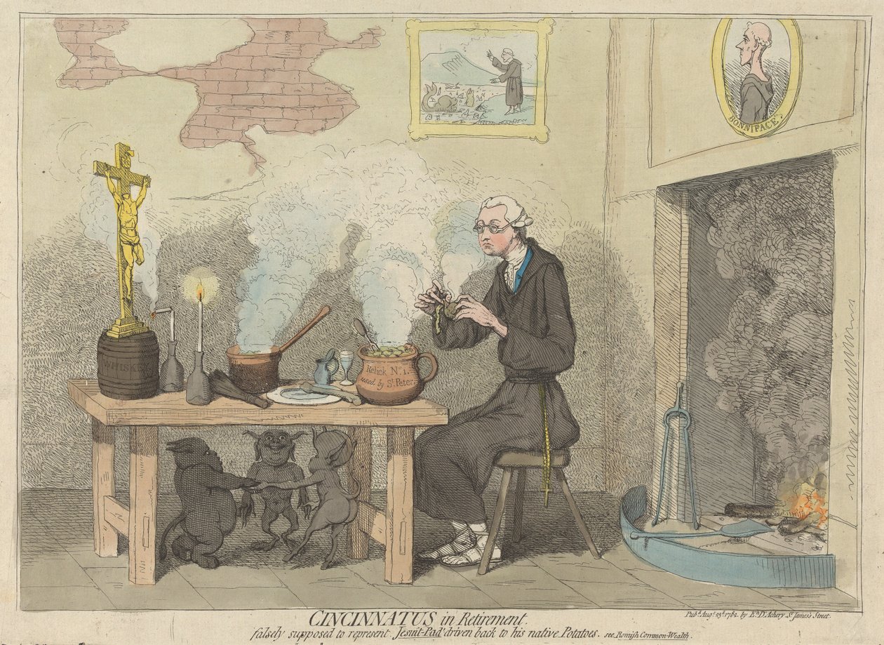 Cincinnatus i pensjonisttilværelsen, feilaktig antatt å forestille jesuitten-Pad som drives tilbake til sine hjemlige poteter. (fra: Karikatur, bind 2) av James Gillray